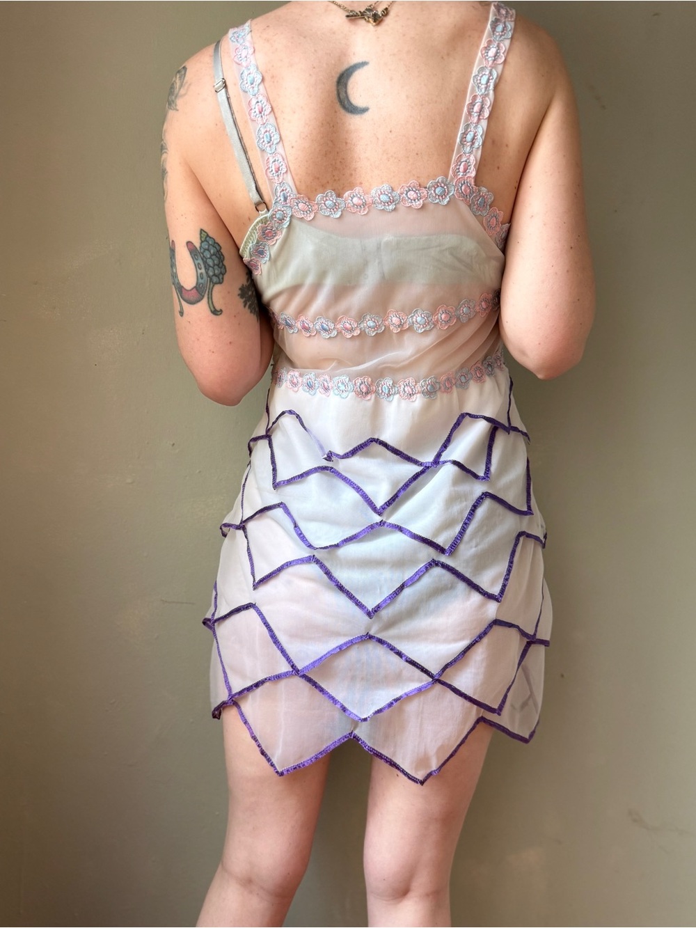 Vintage 90s Sheer Mesh Appliqué Dress | Romantic Boudoir Mini Slip | Size M/L - Picture 5 of 13